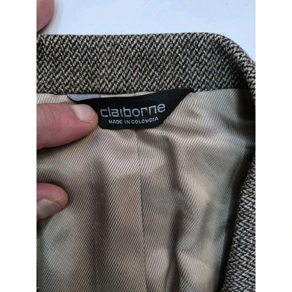 Claiborne Mens Vintage Wool Sport Coat 44R Beige Herringbone 3 Button Blazer